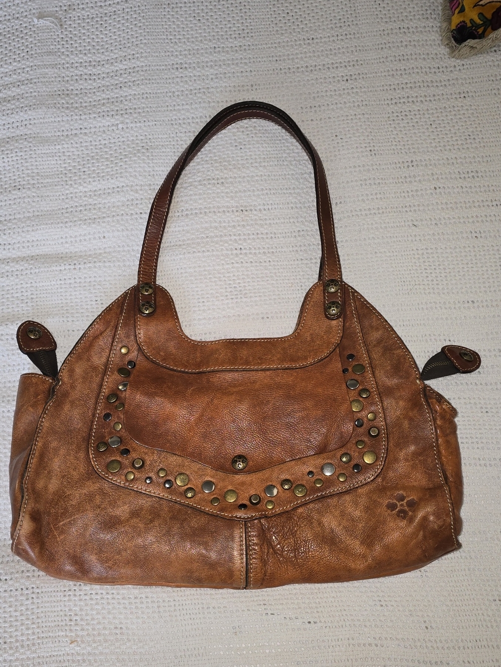Patricia Nash Cognac Brown Leather Shoulder Bag with Stud Accents